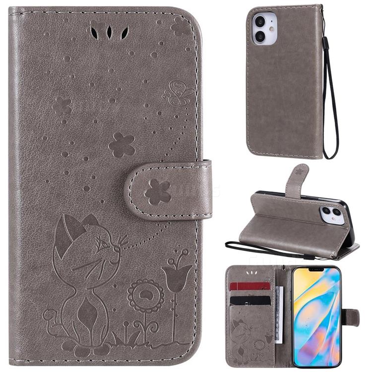Embossing Bee and Cat Leather Wallet Case for iPhone 12 mini (5.4 inch) - Gray