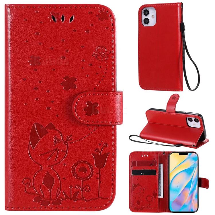 Embossing Bee and Cat Leather Wallet Case for iPhone 12 mini (5.4 inch) - Red