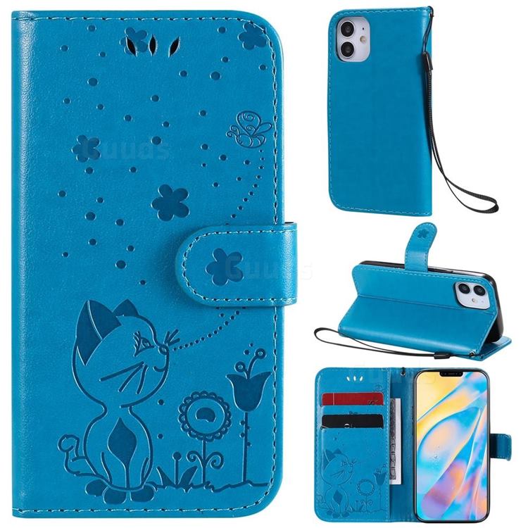 Embossing Bee and Cat Leather Wallet Case for iPhone 12 mini (5.4 inch) - Blue