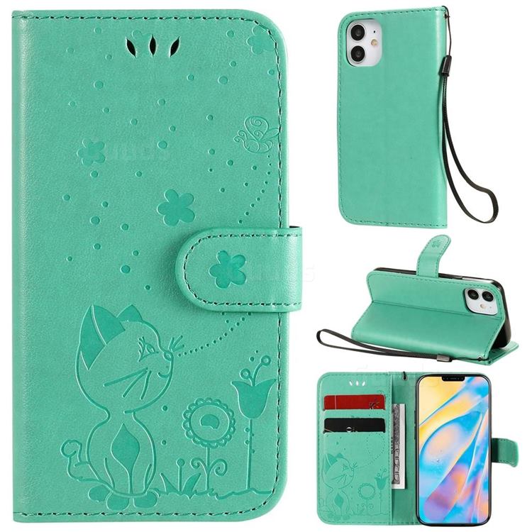 Embossing Bee and Cat Leather Wallet Case for iPhone 12 mini (5.4 inch) - Green