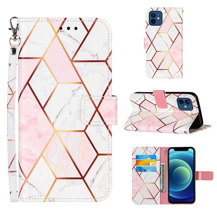 Pink White Stitching Color Marble Leather Wallet Case for iPhone 12 mini (5.4 inch)