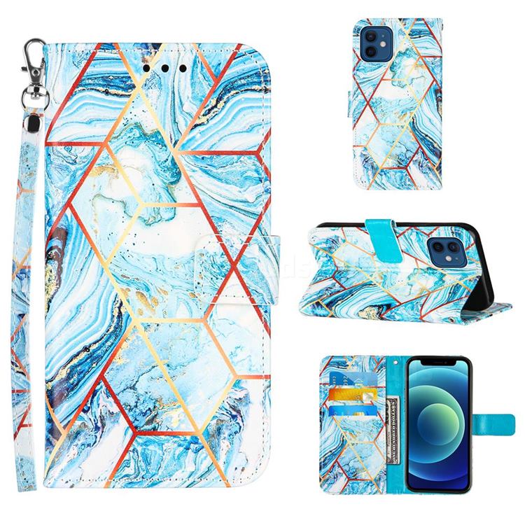 Lake Blue Stitching Color Marble Leather Wallet Case for iPhone 12 mini (5.4 inch)