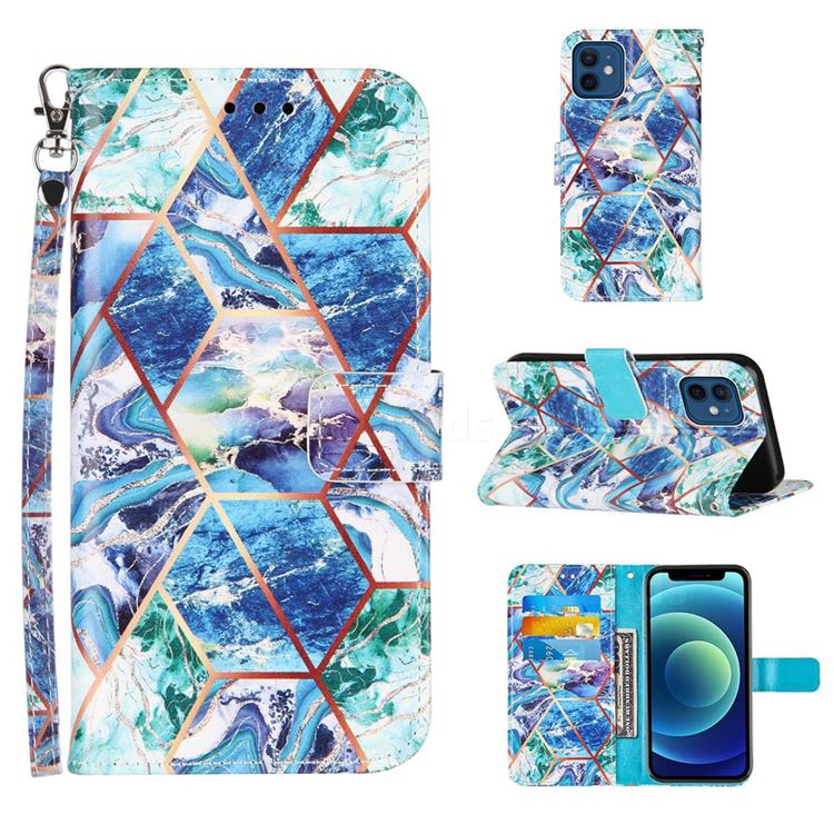 Green and Blue Stitching Color Marble Leather Wallet Case for iPhone 12 mini (5.4 inch)