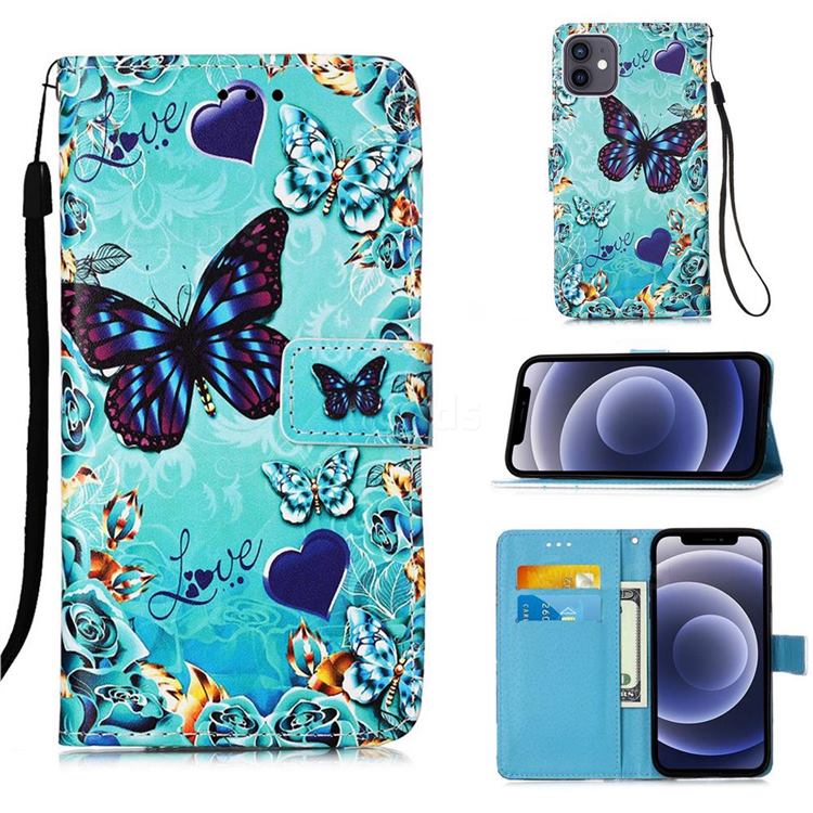 Love Butterfly Matte Leather Wallet Phone Case for iPhone 12 mini (5.4 inch)