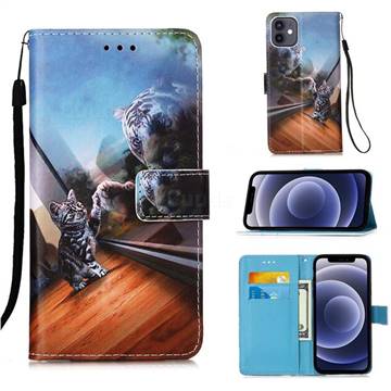 Mirror Cat Matte Leather Wallet Phone Case for iPhone 12 mini (5.4 inch)