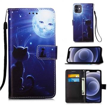 Cat and Moon Matte Leather Wallet Phone Case for iPhone 12 mini (5.4 inch)