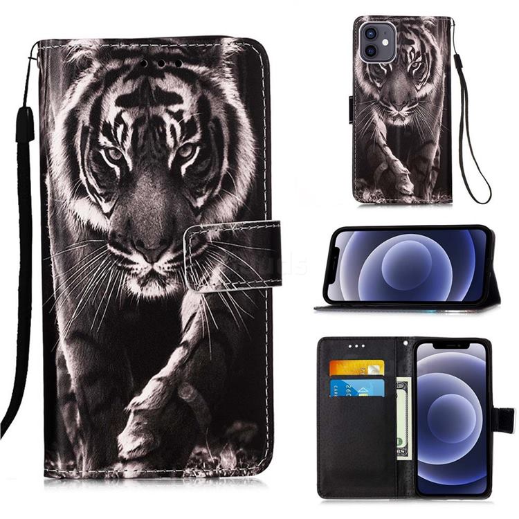 Black and White Tiger Matte Leather Wallet Phone Case for iPhone 12 mini (5.4 inch)