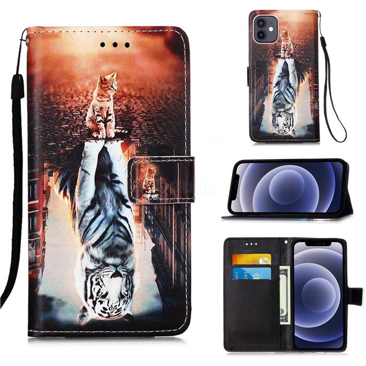 Cat and Tiger Matte Leather Wallet Phone Case for iPhone 12 mini (5.4 inch)