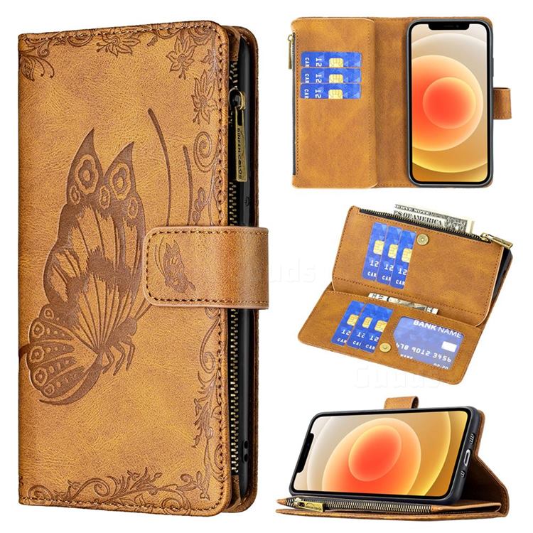 Binfen Color Imprint Vivid Butterfly Buckle Zipper Multi-function Leather Phone Wallet for iPhone 12 mini (5.4 inch) - Brown