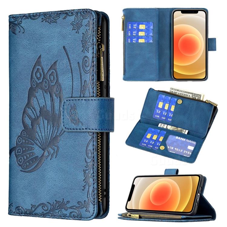Binfen Color Imprint Vivid Butterfly Buckle Zipper Multi-function Leather Phone Wallet for iPhone 12 mini (5.4 inch) - Blue