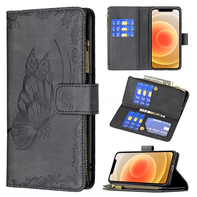 Binfen Color Imprint Vivid Butterfly Buckle Zipper Multi-function Leather Phone Wallet for iPhone 12 mini (5.4 inch) - Black
