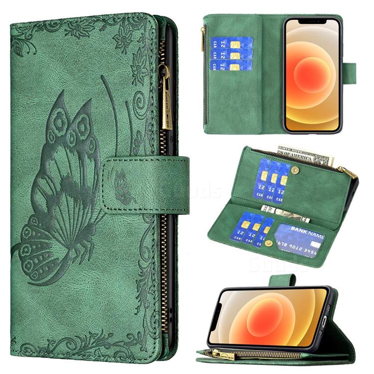 Binfen Color Imprint Vivid Butterfly Buckle Zipper Multi-function Leather Phone Wallet for iPhone 12 mini (5.4 inch) - Green