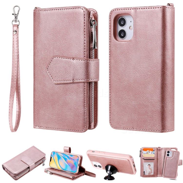 Retro Luxury Multifunction Zipper Leather Phone Wallet for iPhone 12 mini (5.4 inch) - Rose Gold