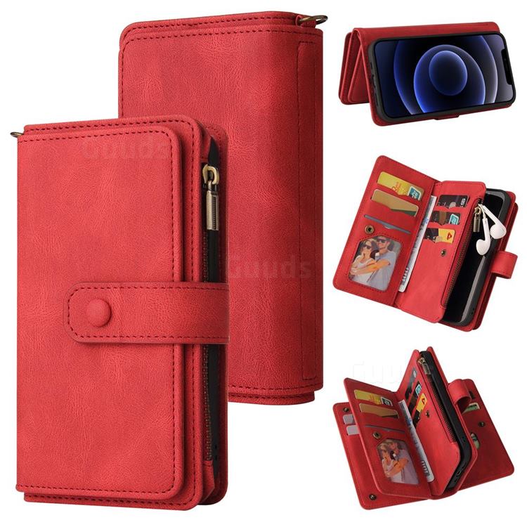Luxury Multi-functional Zipper Wallet Leather Phone Case Cover for iPhone 12 mini (5.4 inch) - Red