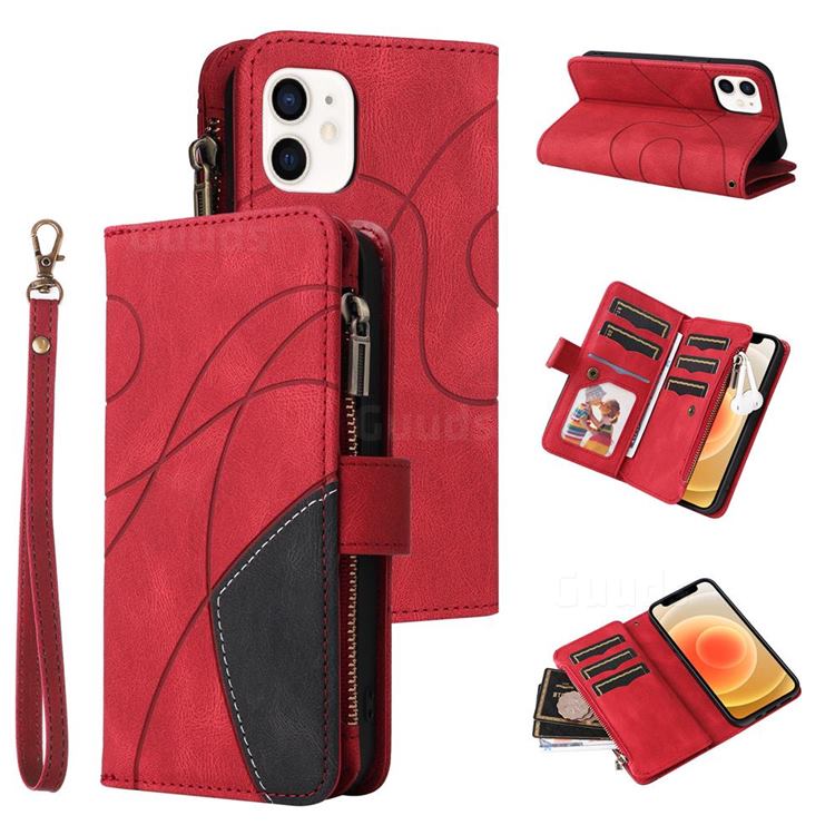 Luxury Two-color Stitching Multi-function Zipper Leather Wallet Case Cover for iPhone 12 mini (5.4 inch) - Red