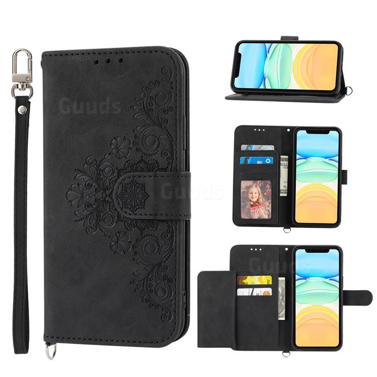Skin Feel Embossed Lace Flower Multiple Card Slots Leather Wallet Phone Case for iPhone 12 mini (5.4 inch) - Black