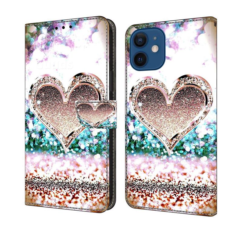 Pink Diamond Heart Crystal PU Leather Protective Wallet Case Cover for iPhone 12 mini (5.4 inch)