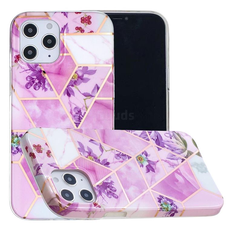 Purple Flower Painted Marble Electroplating Protective Case for iPhone 12 / 12 Pro (6.1 inch)