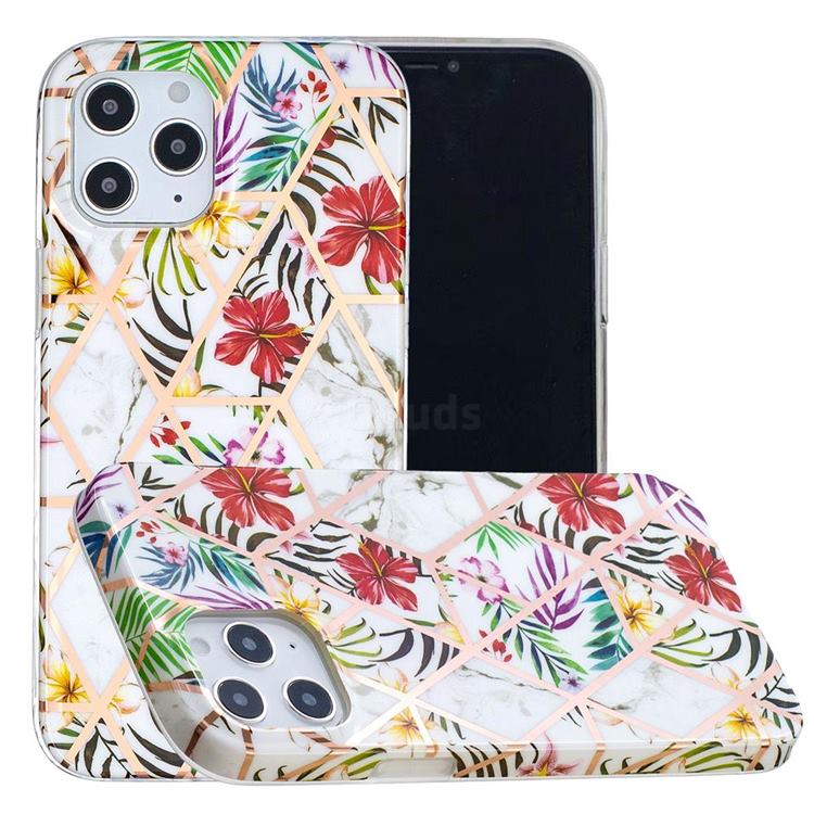 Tropical Rainforest Flower Painted Marble Electroplating Protective Case for iPhone 12 / 12 Pro (6.1 inch)