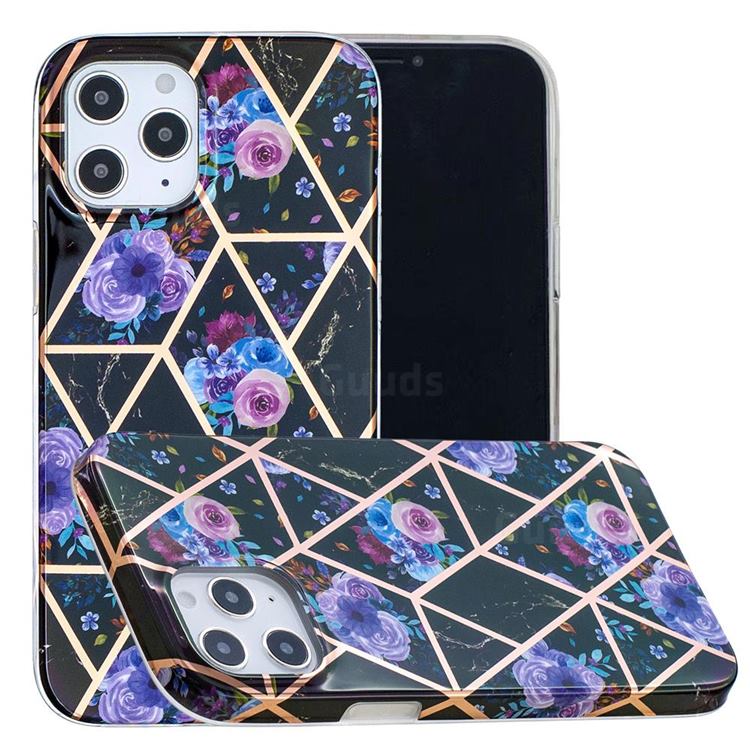 Black Flower Painted Marble Electroplating Protective Case for iPhone 12 / 12 Pro (6.1 inch)