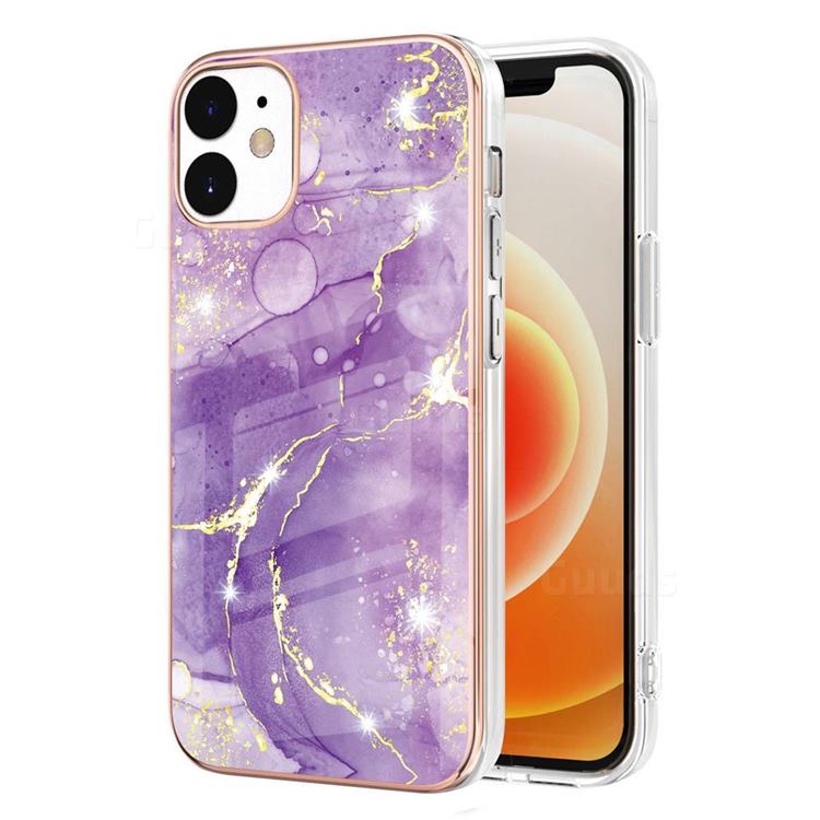 Fashion Purple Electroplated Gold Frame 2.0 Thickness Plating Marble IMD Soft Back Cover for iPhone 12 / 12 Pro (6.1 inch)