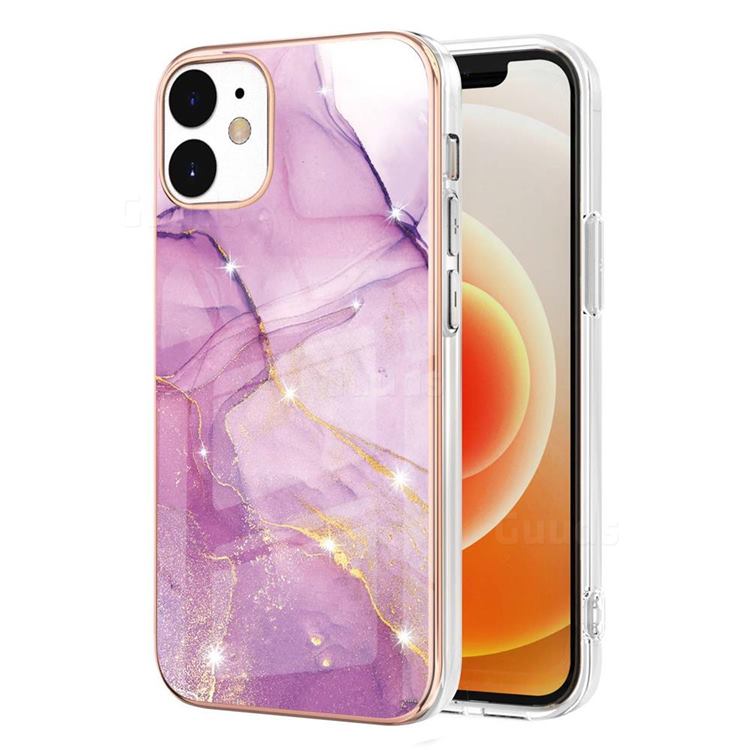 Dream Violet Electroplated Gold Frame 2.0 Thickness Plating Marble IMD Soft Back Cover for iPhone 12 / 12 Pro (6.1 inch)