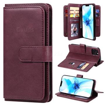 Multi-function Ten Card Slots and Photo Frame PU Leather Wallet Phone Case Cover for iPhone 12 / 12 Pro (6.1 inch) - Claret