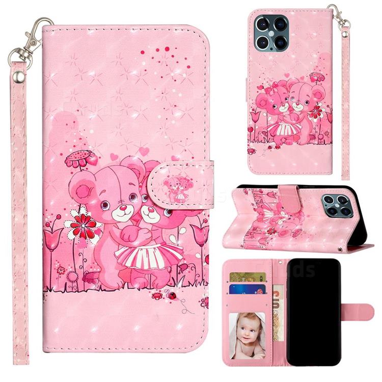 Pink Bear 3D Leather Phone Holster Wallet Case for iPhone 12 / 12 Pro (6.1 inch)