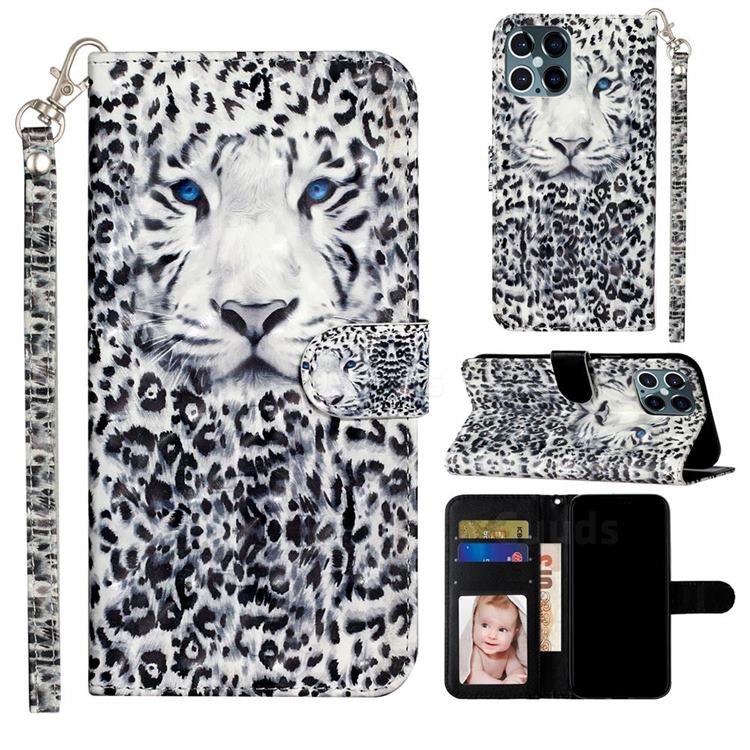 White Leopard 3D Leather Phone Holster Wallet Case for iPhone 12 / 12 Pro (6.1 inch)