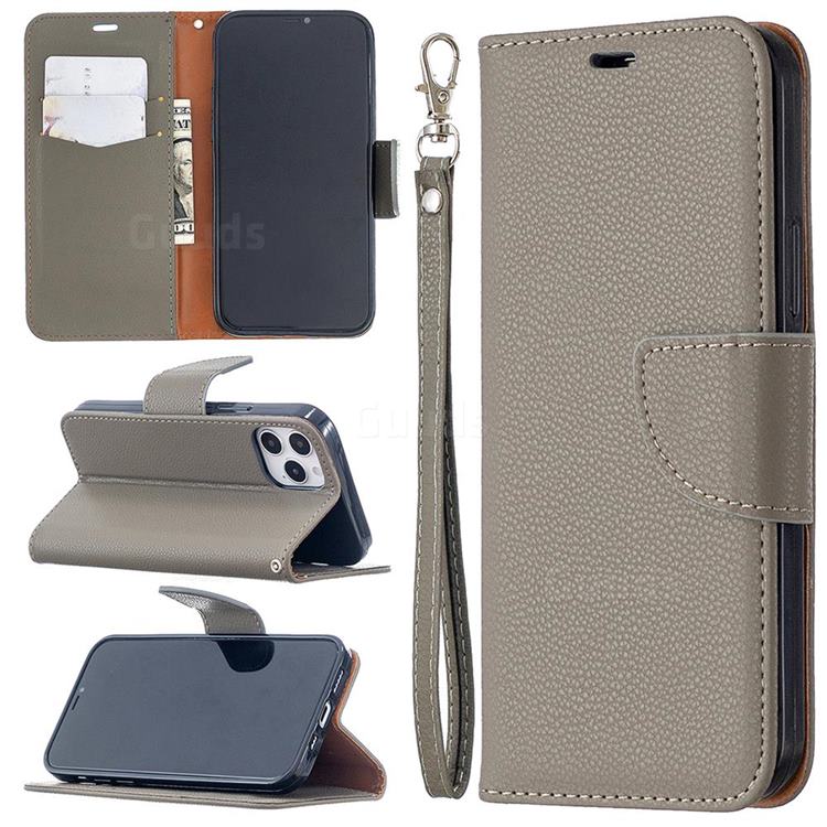 Classic Luxury Litchi Leather Phone Wallet Case for iPhone 12 / 12 Pro (6.1 inch) - Gray