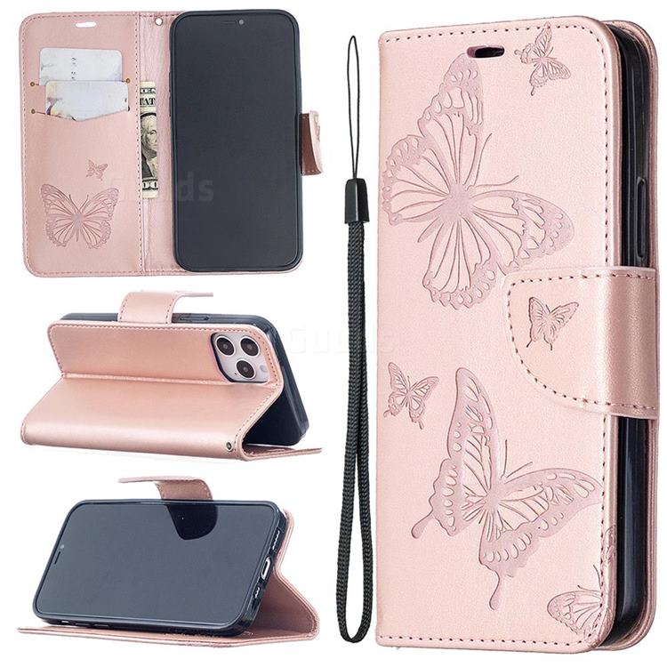 Embossing Double Butterfly Leather Wallet Case for iPhone 12 / 12 Pro (6.1 inch) - Rose Gold
