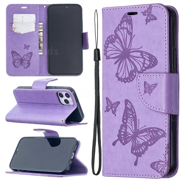 Embossing Double Butterfly Leather Wallet Case for iPhone 12 / 12 Pro (6.1 inch) - Purple