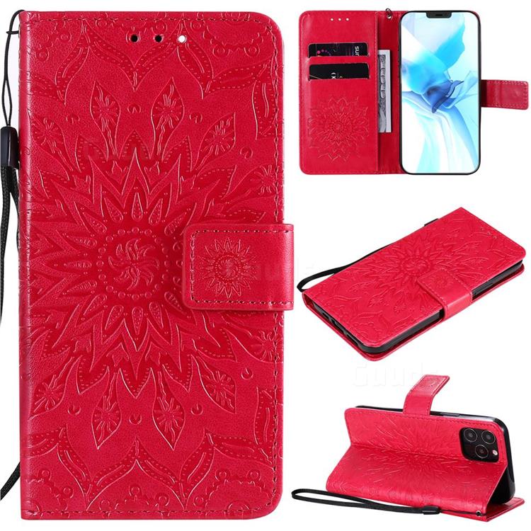 Embossing Sunflower Leather Wallet Case for iPhone 12 / 12 Pro (6.1 inch) - Red