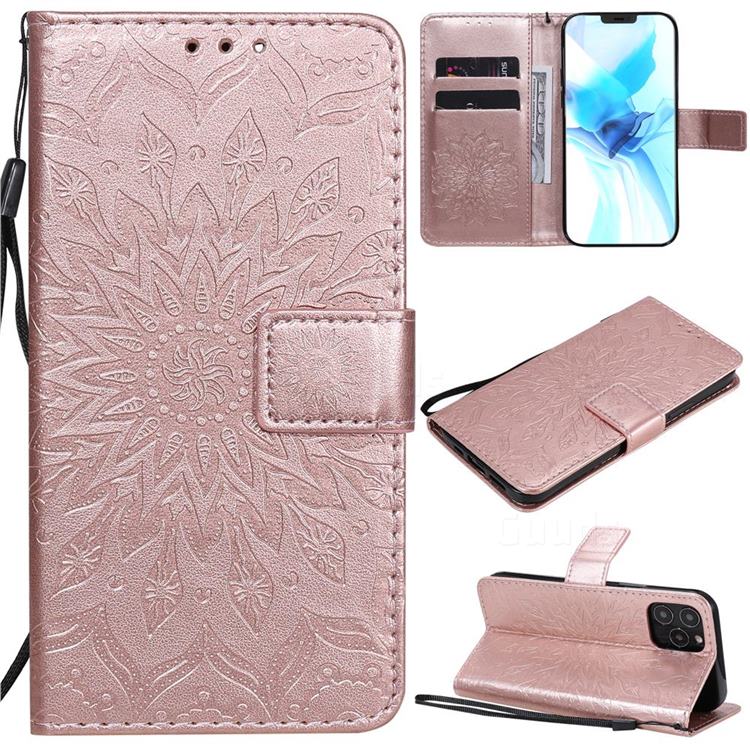 Embossing Sunflower Leather Wallet Case for iPhone 12 / 12 Pro (6.1 inch) - Rose Gold