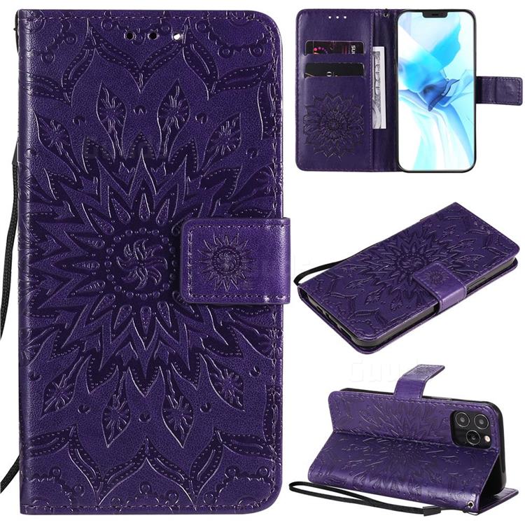 Embossing Sunflower Leather Wallet Case for iPhone 12 / 12 Pro (6.1 inch) - Purple