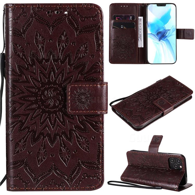 Embossing Sunflower Leather Wallet Case for iPhone 12 / 12 Pro (6.1 inch) - Brown