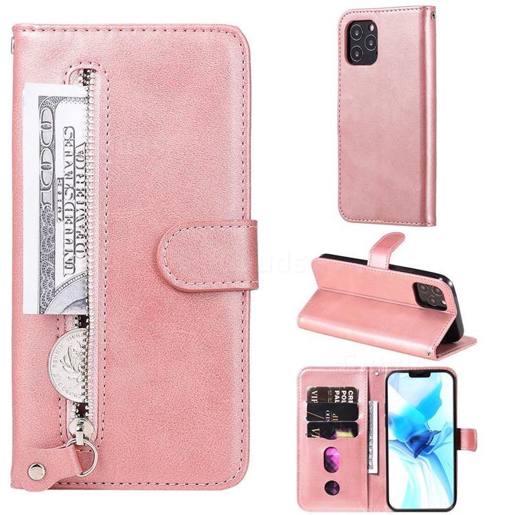 Retro Luxury Zipper Leather Phone Wallet Case for iPhone 12 / 12 Pro (6.1 inch) - Pink