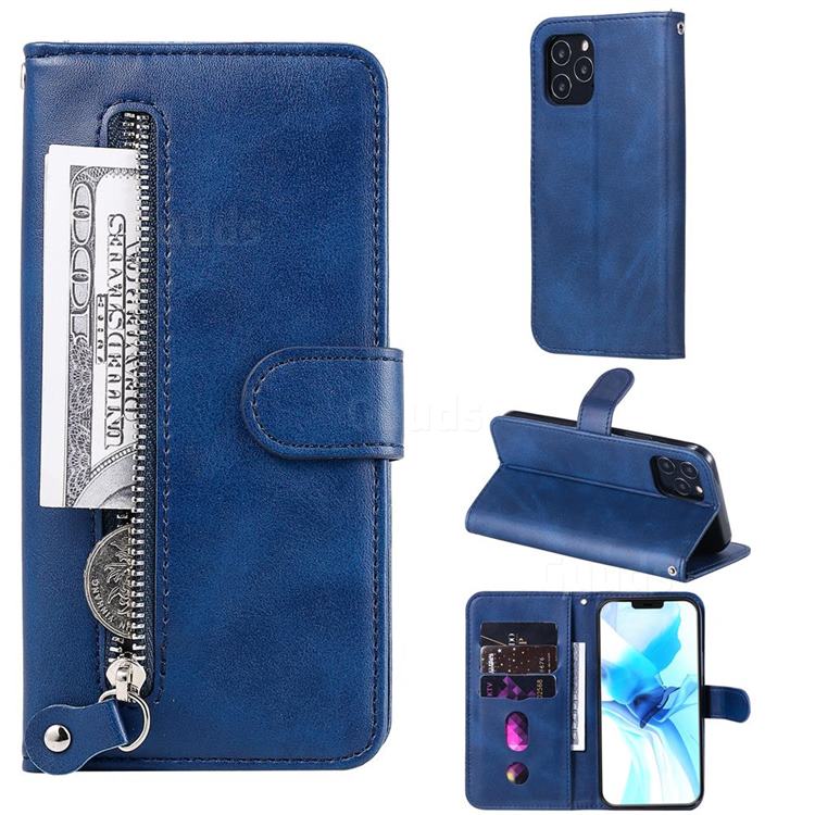 Retro Luxury Zipper Leather Phone Wallet Case for iPhone 12 / 12 Pro (6.1 inch) - Blue