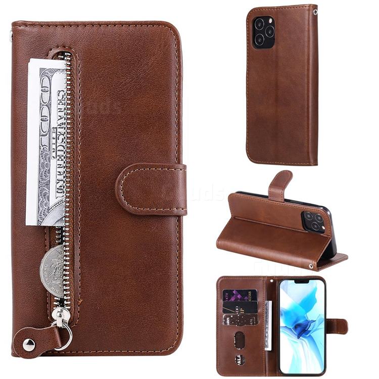 Retro Luxury Zipper Leather Phone Wallet Case for iPhone 12 / 12 Pro (6.1 inch) - Brown