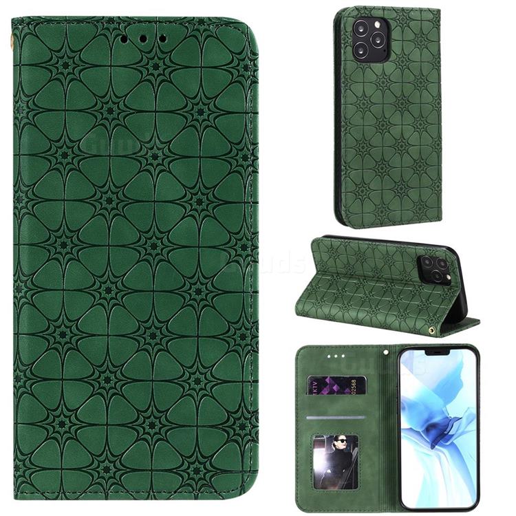 Intricate Embossing Four Leaf Clover Leather Wallet Case for iPhone 12 / 12 Pro (6.1 inch) - Blackish Green