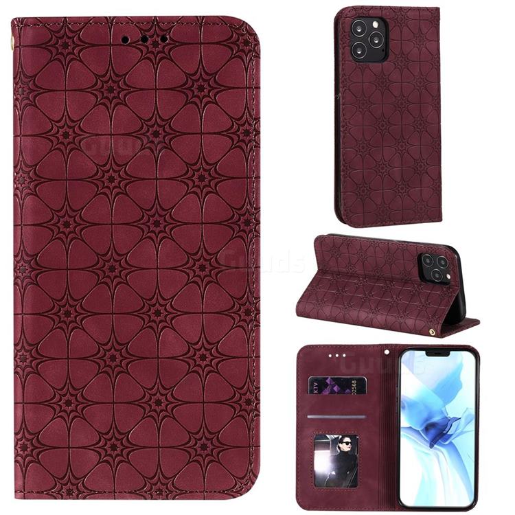 Intricate Embossing Four Leaf Clover Leather Wallet Case for iPhone 12 / 12 Pro (6.1 inch) - Claret