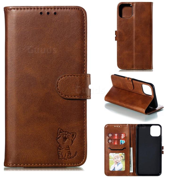 Embossing Happy Cat Leather Wallet Case for iPhone 12 / 12 Pro (6.1 inch) - Brown