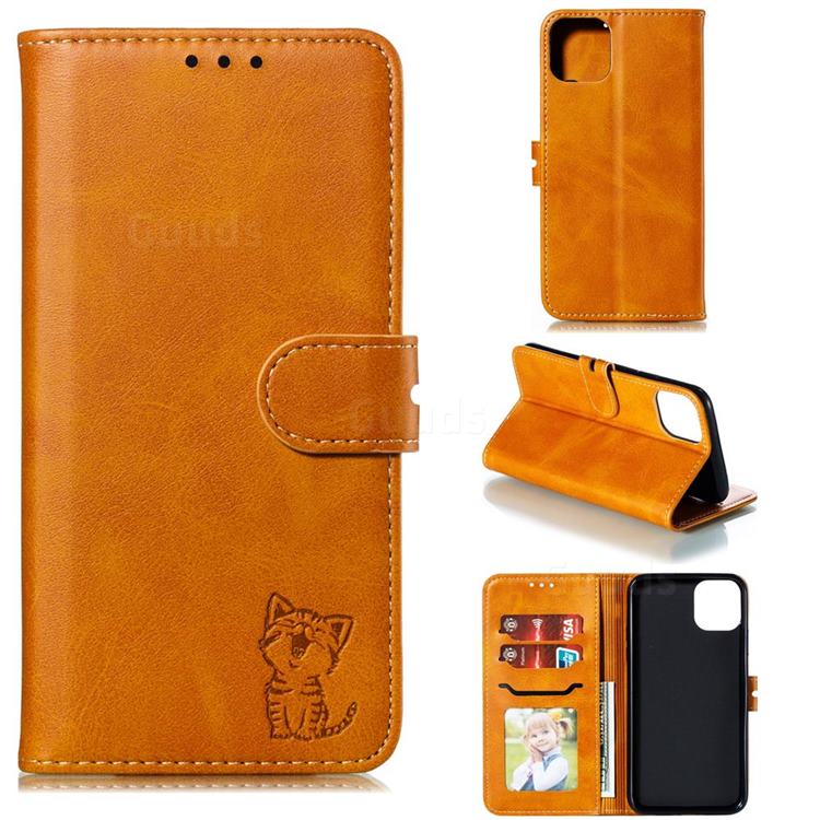 Embossing Happy Cat Leather Wallet Case for iPhone 12 / 12 Pro (6.1 inch) - Yellow