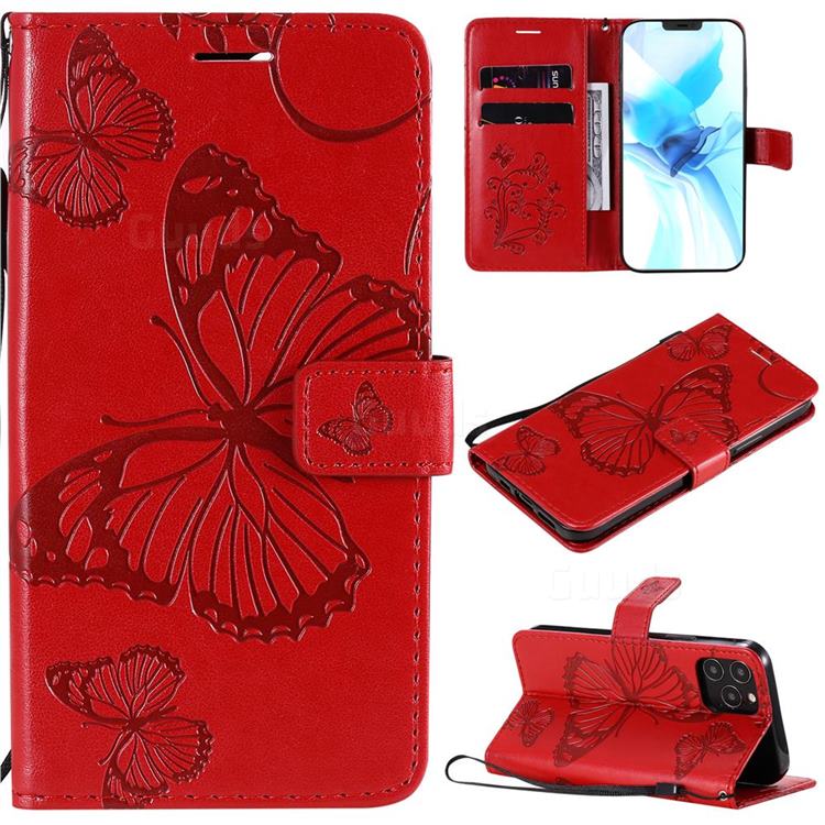 Embossing 3D Butterfly Leather Wallet Case for iPhone 12 / 12 Pro (6.1 inch) - Red