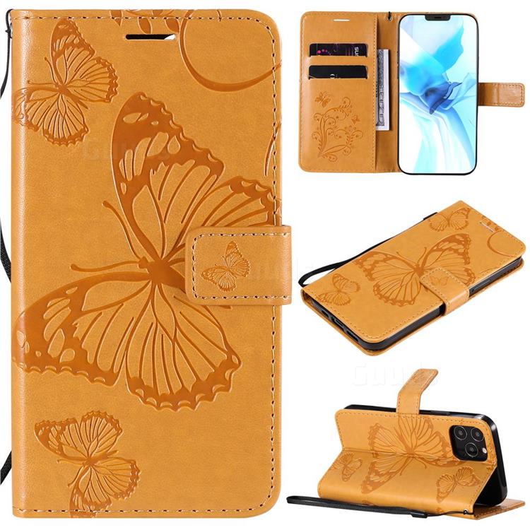 Embossing 3D Butterfly Leather Wallet Case for iPhone 12 / 12 Pro (6.1 inch) - Yellow