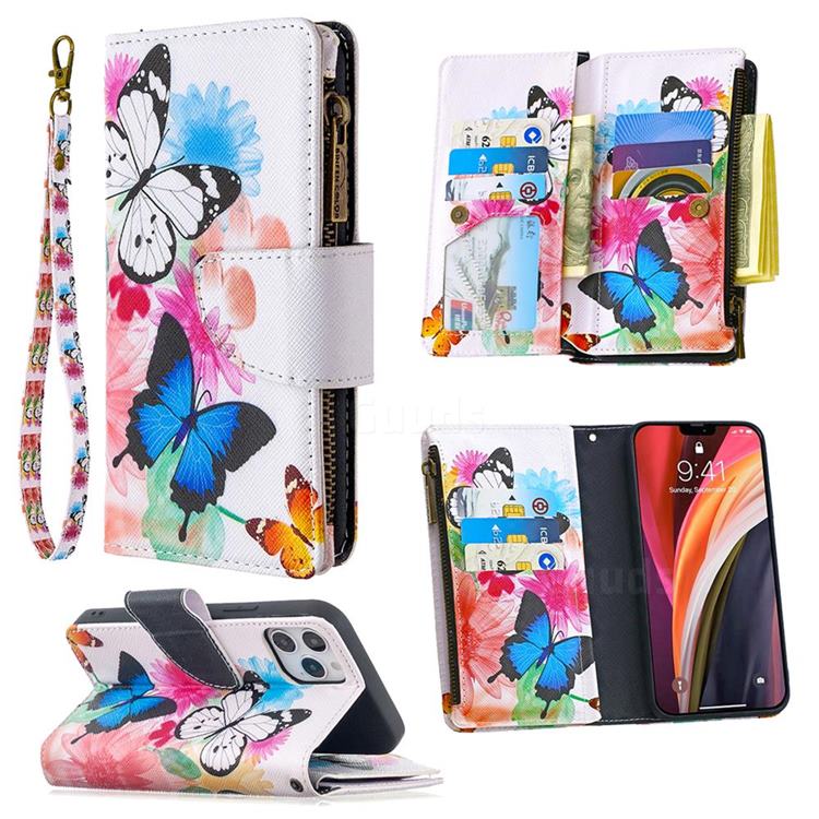 Vivid Flying Butterflies Binfen Color BF03 Retro Zipper Leather Wallet Phone Case for iPhone 12 / 12 Pro (6.1 inch)