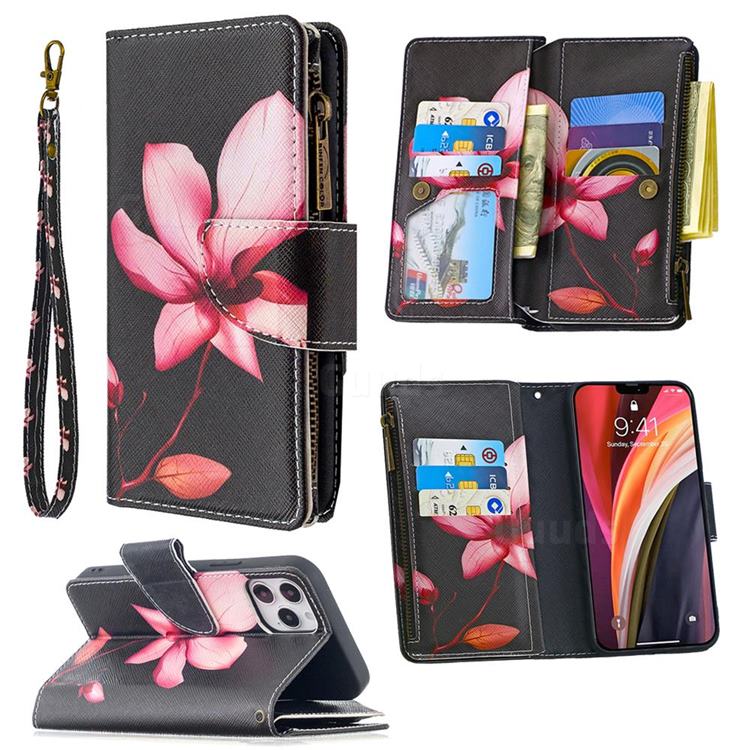 Lotus Flower Binfen Color BF03 Retro Zipper Leather Wallet Phone Case for iPhone 12 / 12 Pro (6.1 inch)