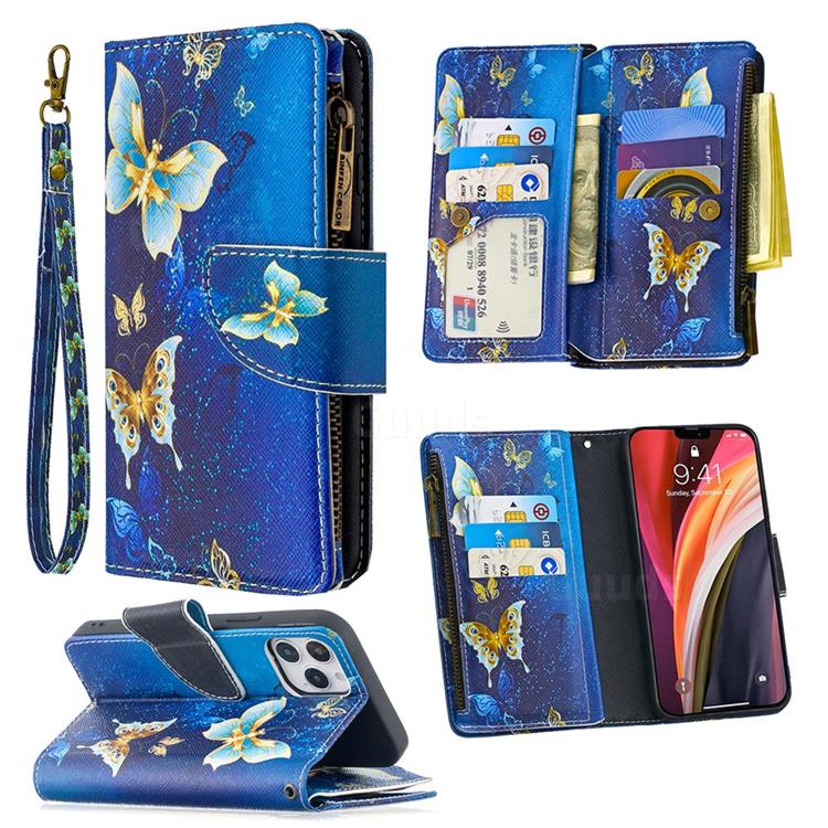 Golden Butterflies Binfen Color BF03 Retro Zipper Leather Wallet Phone Case for iPhone 12 / 12 Pro (6.1 inch)