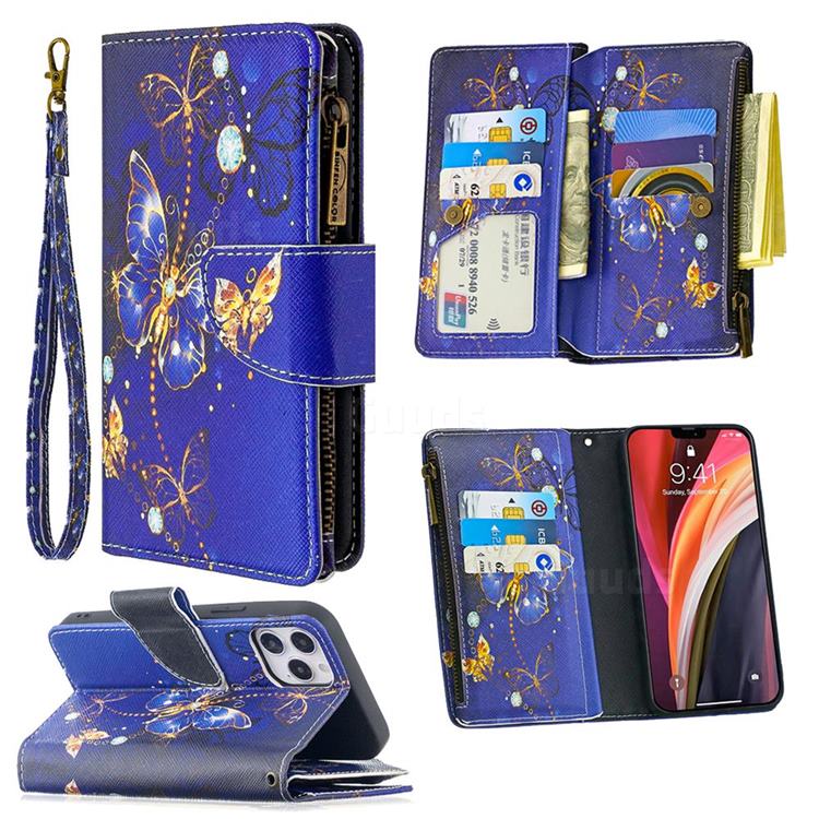 Purple Butterfly Binfen Color BF03 Retro Zipper Leather Wallet Phone Case for iPhone 12 / 12 Pro (6.1 inch)