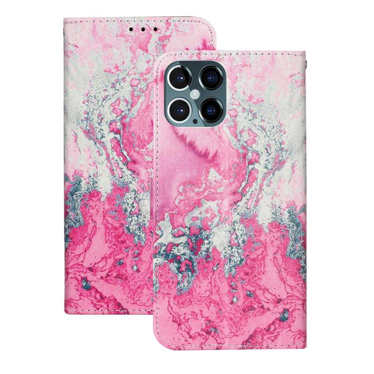 Pink Seawater PU Leather Wallet Case for iPhone 12 / 12 Pro (6.1 inch)